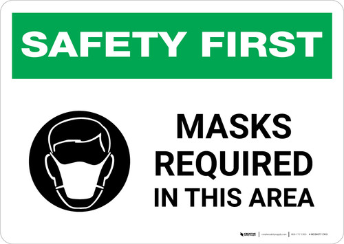 Safety First: Masks Required In This Area with Icon Landscape - Wall Sign