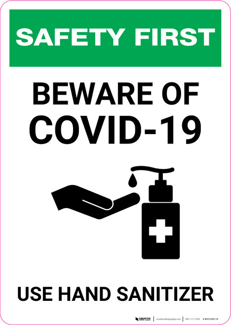 Safety First: Beware of COVID-19 - Use Hand Sanitizer with Icon Portrait - Wall Sign