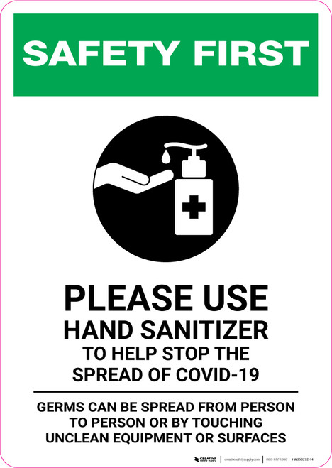 Safety First: Please Use Hand Sanitizer - Germs Can Be Spread with Icon Portrait - Wall Sign