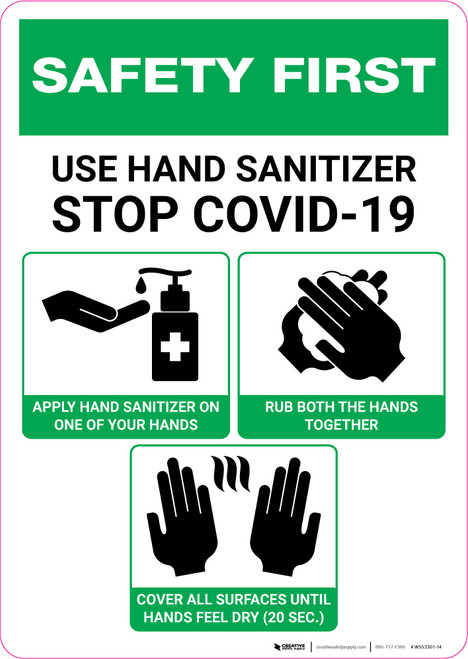 Safety First: Use Hand Sanitizer with 3-Step Icon Instructions Portrait - Wall Sign