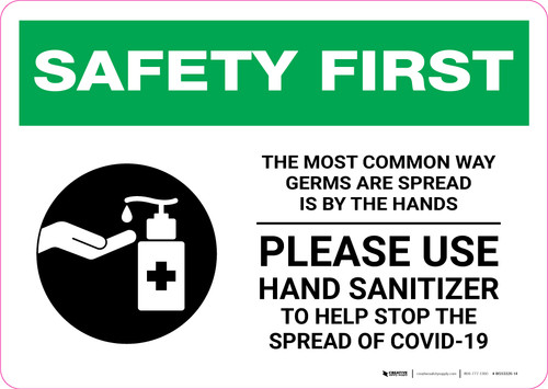Safety First: The Most Common Way Germs are Spread - Please Use Hand Sanitizer with Icon Landscape - Wall Sign