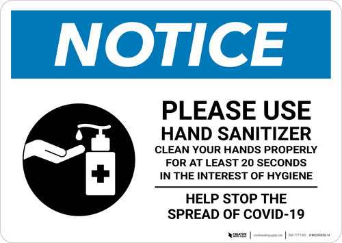 Notice: Please Use Hand Sanitizer - Clean Your Hands Properly Landscape - Wall Sign