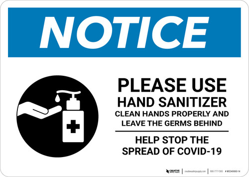 Notice: Please Use Hand Sanitizer - Leave Germs Behind Landscape - Wall Sign