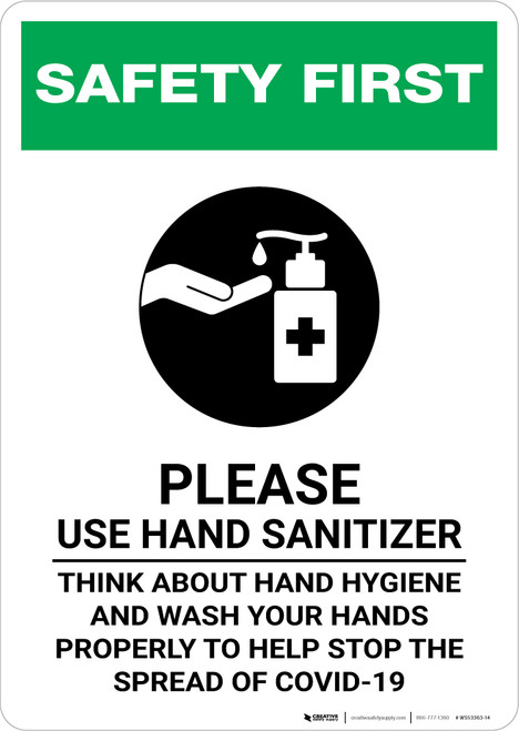 Safety First: Please Use Hand Sanitizer and Think About Hand Hygiene Portrait - Wall Sign