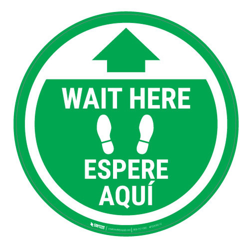 Wait Here - Green Circle - Bilingual Spanish - Floor Sign