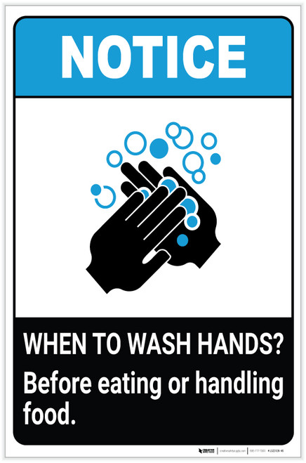 Notice: Wash Hands Before Handling Food ANSI Portrait - Label