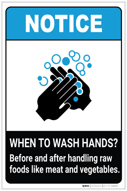 Notice: Wash Hands Before Handling Raw Foods ANSI Portrait - Label