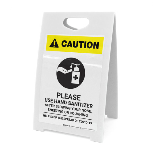 Caution: Please Use Hand Sanitizer - After Blowing Your Nose, Sneezing, or Coughing with Icon Portrait - A-Frame Sign