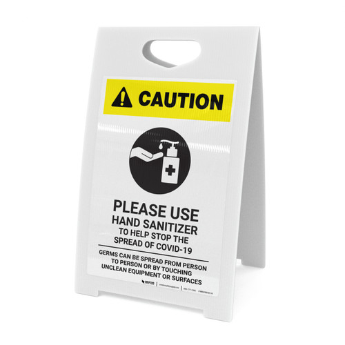 Caution: Please Use Hand Sanitizer - Germs Can Be Spread with Icon Portrait - A-Frame Sign