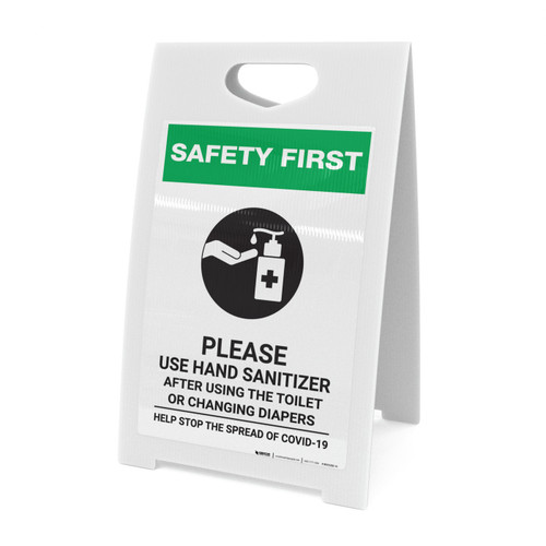 Safety First: Please Use Hand Sanitizer - After Using Toilet with Icon Portrait - A-Frame Sign