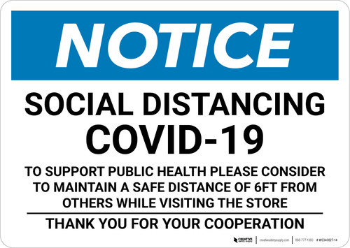 Notice: Social Distancing COVID-19 To Support Public Health Maintain Safe Distance Landscape - Wall Sign