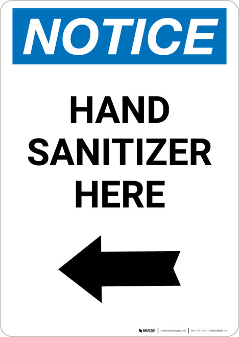 Notice: Hand Sanitizer Here Left Arrow Portrait - Wall Sign