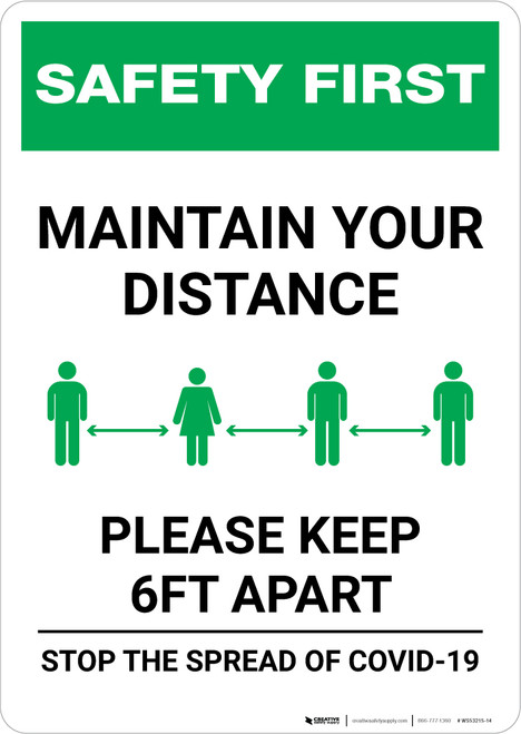 Safety First: Maintain Your Distance - Please Keep 6ft Apart Portrait - Wall Sign