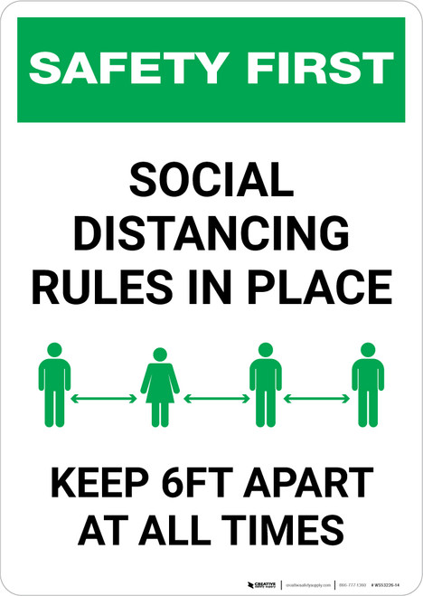 Safety First: Social Distancing Rules In Place Portrait - Wall Sign