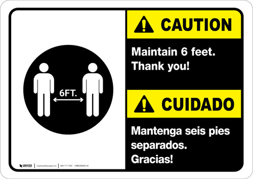 Caution: Maintain 6 Feet Bilingual Spanish with Icon ANSI Portrait - Wall Sign
