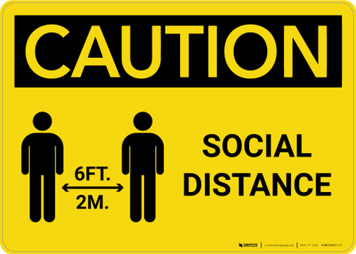 Caution: Social Distance 6 Ft/2m with Icon Landscape - Wall Sign