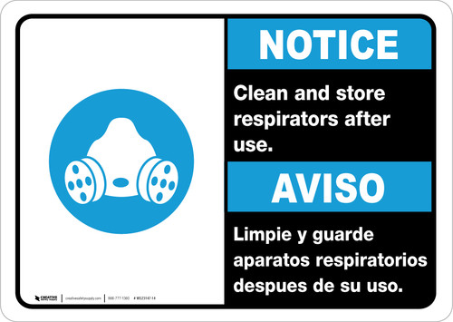 Notice: Clean And Store Respirators After Use Bilingual Spanish with Icon ANSI Portrait - Wall Sign