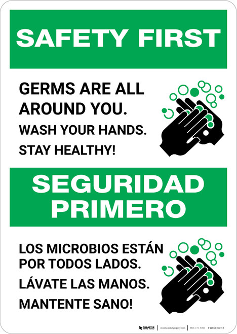 Safety First: Stay Healthy Wash Your Hands Bilingual Spanish with Icon Portrait - Wall Sign