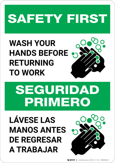 Safety First: Wash Hands Before Returning To Work Bilingual Spanish with Icon Portrait - Wall Sign