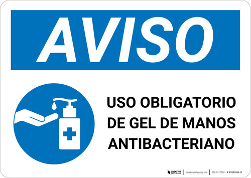 Notice: Mandatory Use Of Anti-Bacterial Hand Gel Spanish With Icon Landscape - Wall Sign