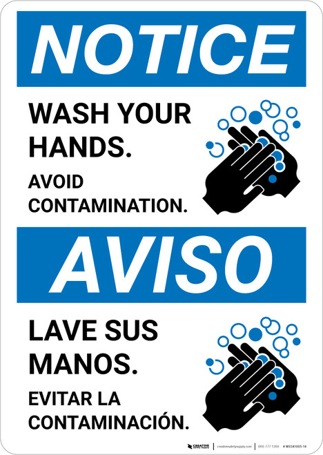 Notice: Wash Your Hands Avoid Contamination Bilingual Spanish with Icon Portrait - Wall Sign