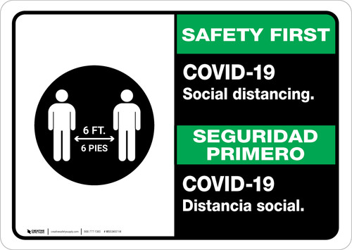 Safety First: COVID-19 Social Distancing Bilingual Spanish with Icon Landscape - Wall Sign