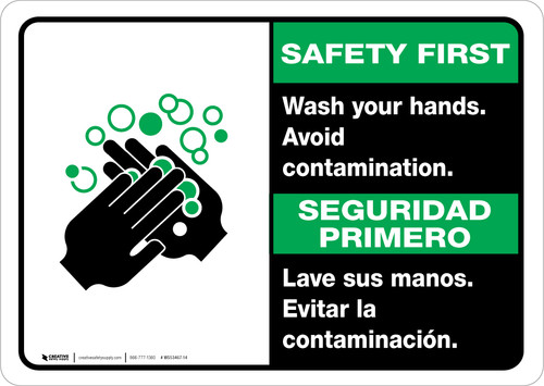 Safety First: Wash Your Hands Avoid Contamination Bilingual Spanish with Icon Landscape - Wall Sign