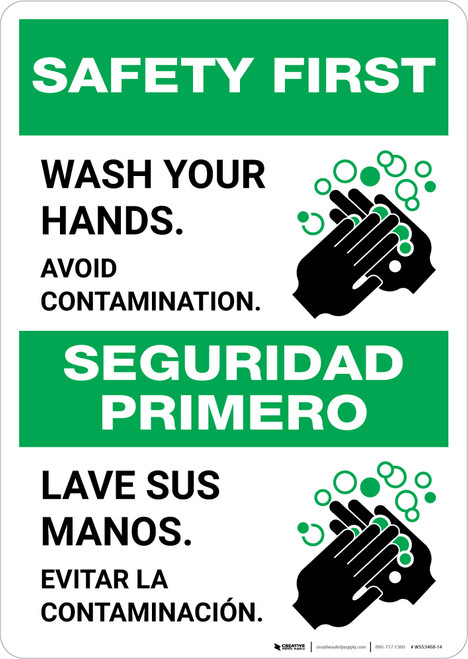 Safety First: Wash Your Hands Avoid Contamination Bilingual Spanish with Icon Portrait - Wall Sign