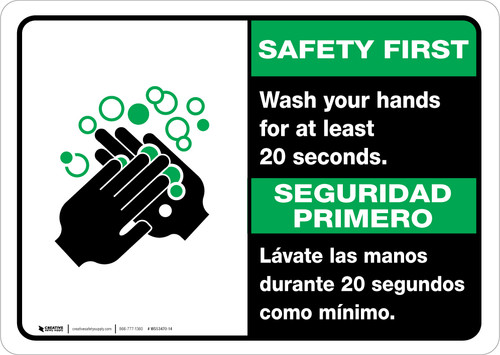 Safety First: Wash Your Hands For At Least 20 Seconds Bilingual Spanish with Icon Landscape - Wall Sign