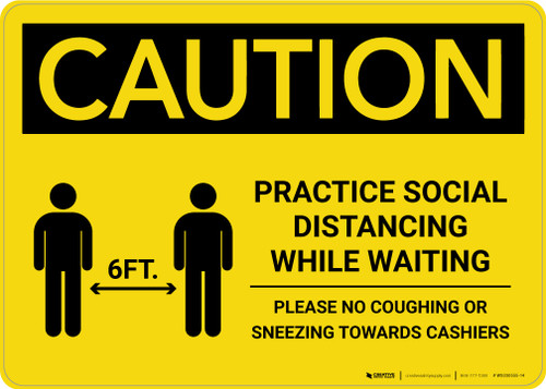 Caution: Practice Social Distancing While Waiting with Icon Landscape - Wall Sign