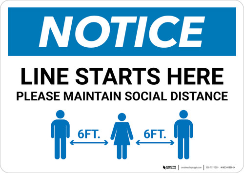 Notice: Line Starts Here Maintain Social Distancing Landscape - Wall Sign