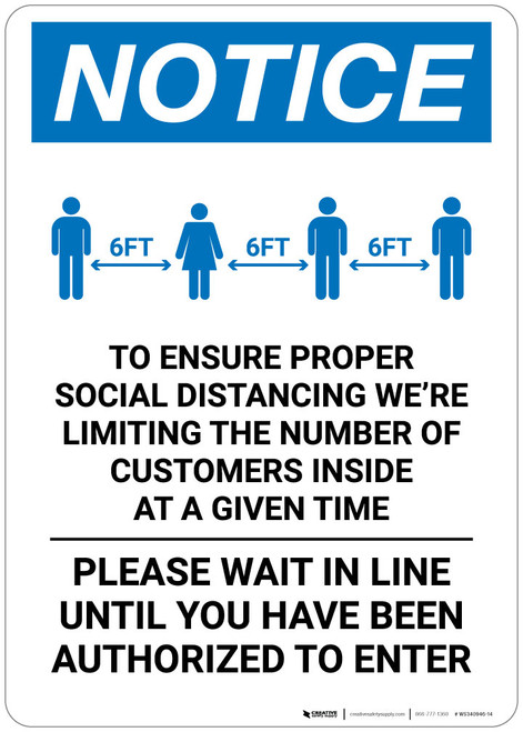 Notice: Social Distancing Limited Customers Authorized with Icon Portrait - Wall Sign