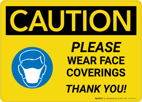 Caution: Please Wear Face Coverings with Icon Landscape - Wall Sign