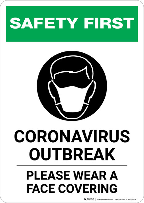 Safety First: Coronavirus Outbreak Please Wear Face Coverings with Icon Portrait - Wall Sign