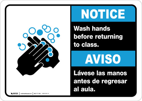 Notice: Wash Hands Before Returning To Class Bilingual Spanish with Icon Landscape - Wall Sign