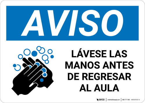 Notice: Wash Hands Before Returning To Class Spanish with Icon Landscape - Wall Sign