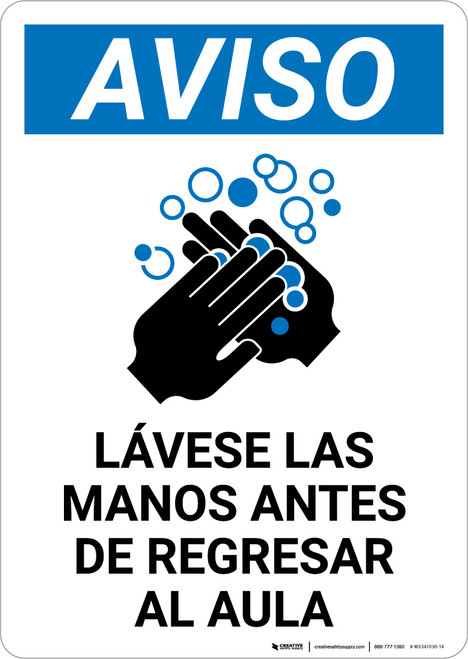 Notice: Wash Hands Before Returning To Class Spanish with Icon Portrait - Wall Sign