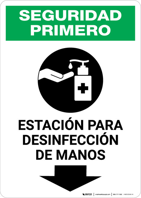 Safety First: Hand Sanitizing Station Below Spanish with Icon Portrait - Wall Sign