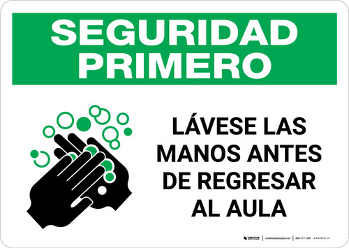 Safety First: Wash Hands Before Returning To Class Spanish with Icon Landscape - Wall Sign