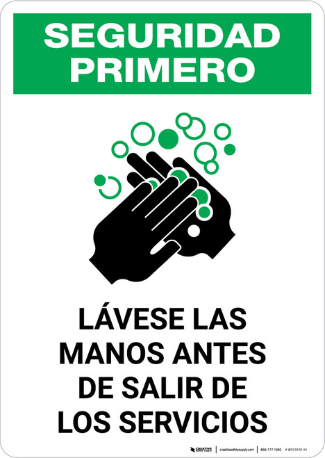 Safety First: Wash Your Hands Before Leaving Restroom Spanish with Icon Portrait - Wall Sign