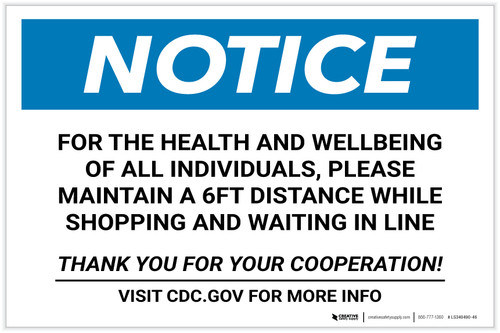 Notice: For Health and Wellbeing Maintain 6FT Distance ANSI Landscape - Label