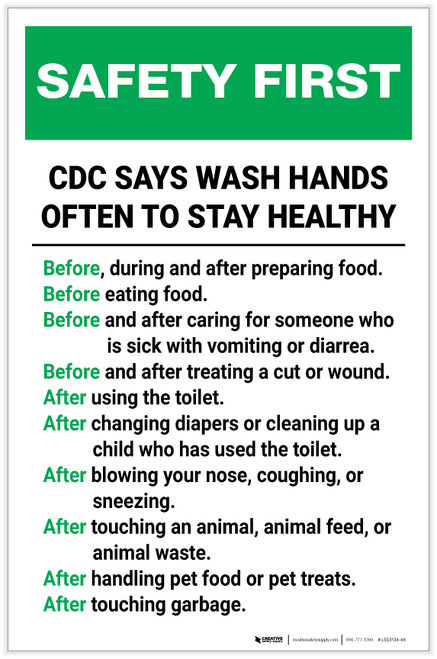 Safety First: CDC Wash Hands Often Portrait - Label
