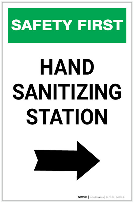 Safety First: Hand Sanitizing Station Right with Arrow Portrait - Label