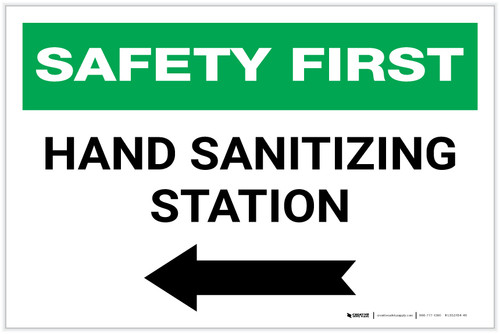 Safety First: Hand Sanitizing Station Left with Arrow Landscape - Label