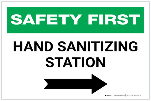 Safety First: Hand Sanitizing Station Right with Arrow Landscape - Label