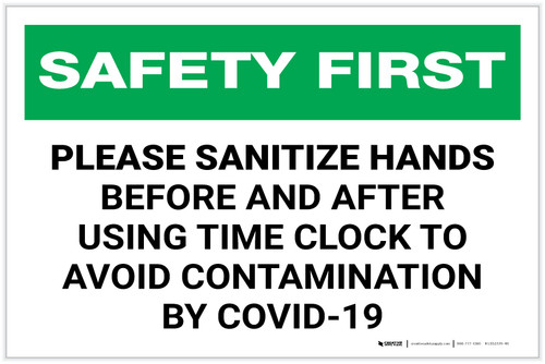 Safety First: Sanitize Hands Before & After Using Time Clock COVID-19 Landscape - Label