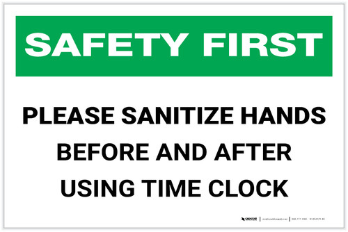 Safety First: Sanitize Hands Before & After Using Time Clock Landscape - Label