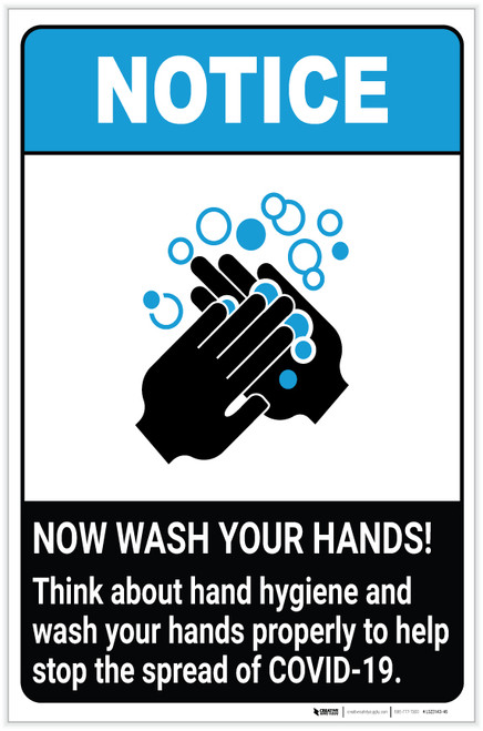 Notice: Think About Hand Hygiene and Wash Your Hands Properly ANSI Portrait - Label