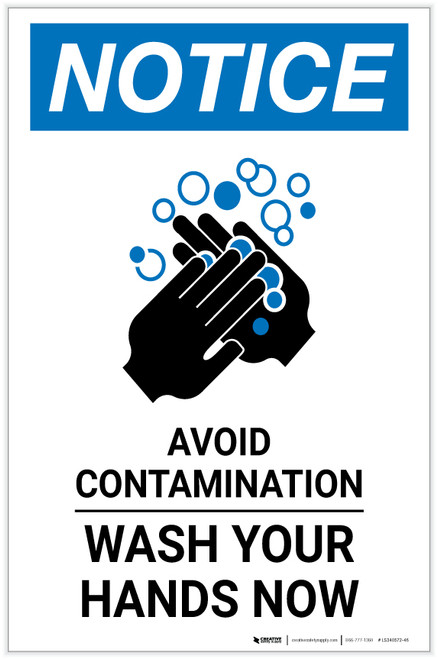 Notice: Avoid Contamination - Wash Your Hands Now Portrait - Label