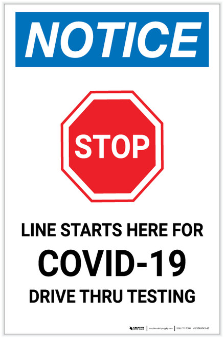 Notice: Stop Line Starts Here For COVID-19 Testing with Icon Portrait - Label